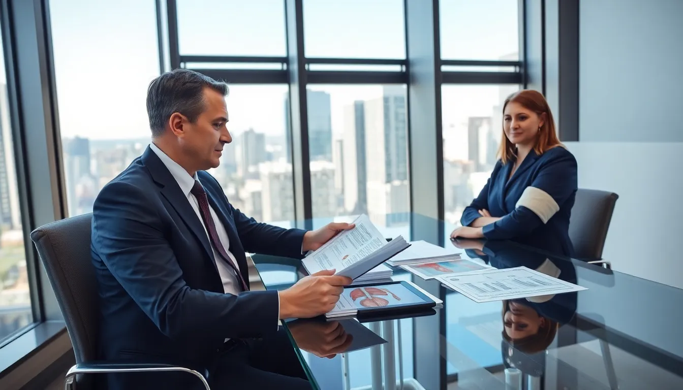 lawyer and client discussing shoulder injury compensation in modern office