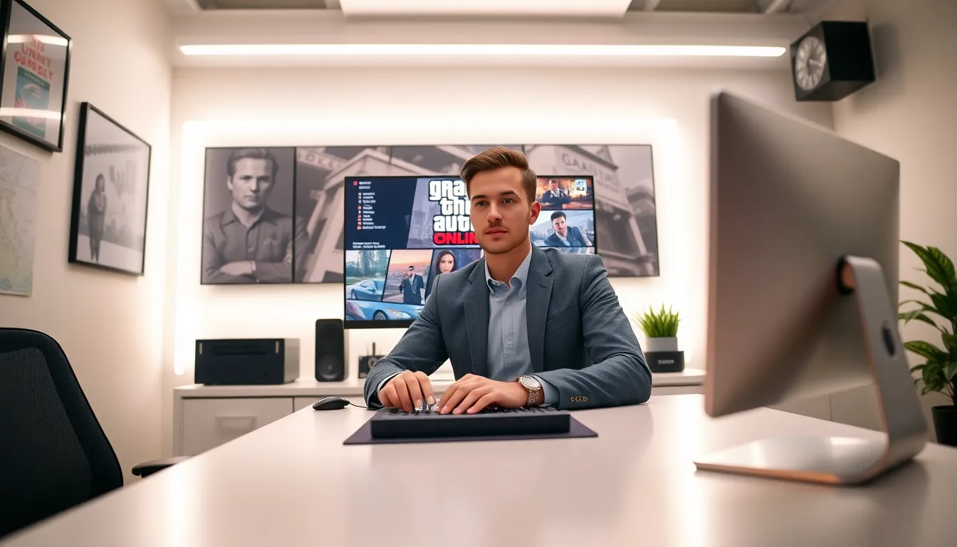 professional gamer at a modern desk with gta online on screen